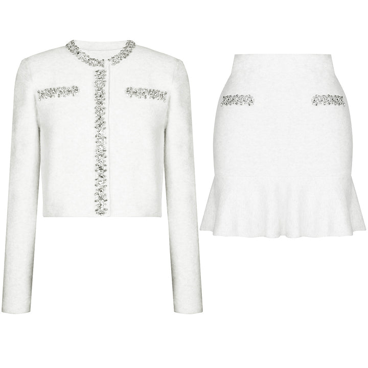 褶皱喇叭袖上衣和高腰裙套装，配腰带 – Rosiny 