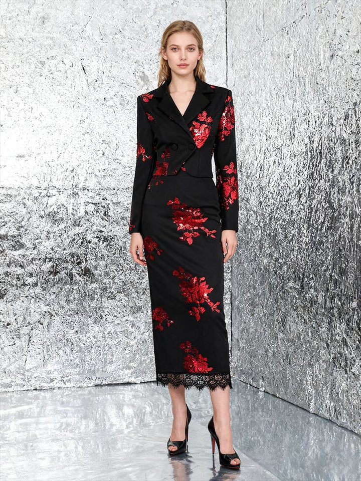 floral sequin blazer dress with lace hem – SCARLET ROSE