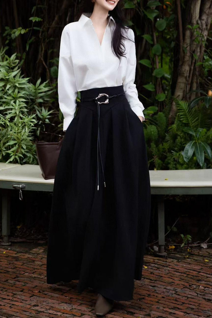 long-sleeve collared blouse with wide-leg maxi skirt – ARYA