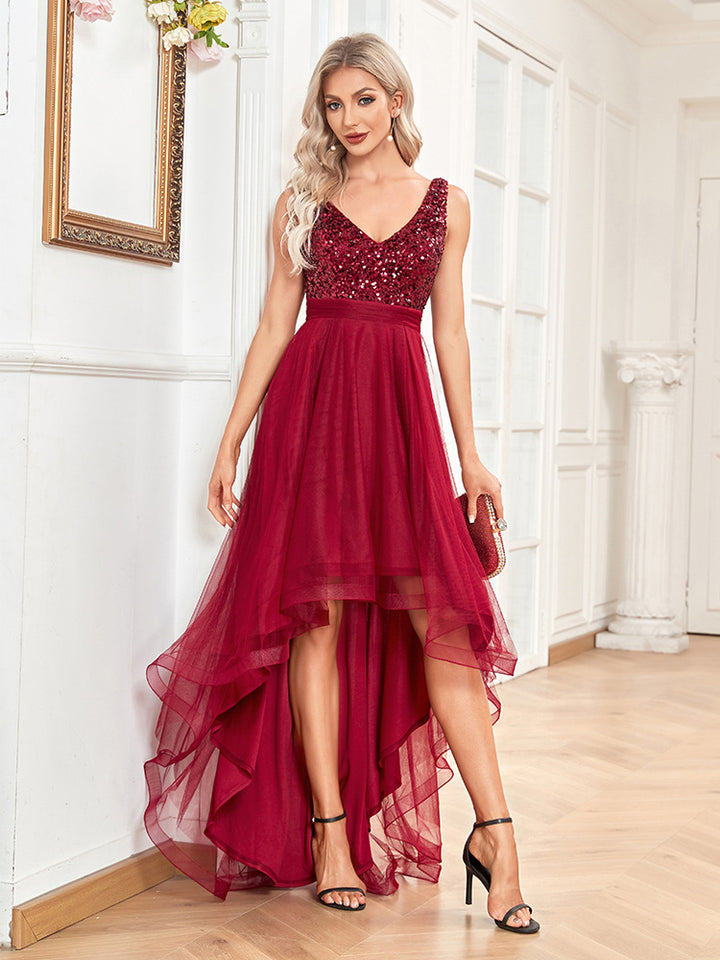 sleeveless sequin bodice dress with layered high-low hem – ARITNA