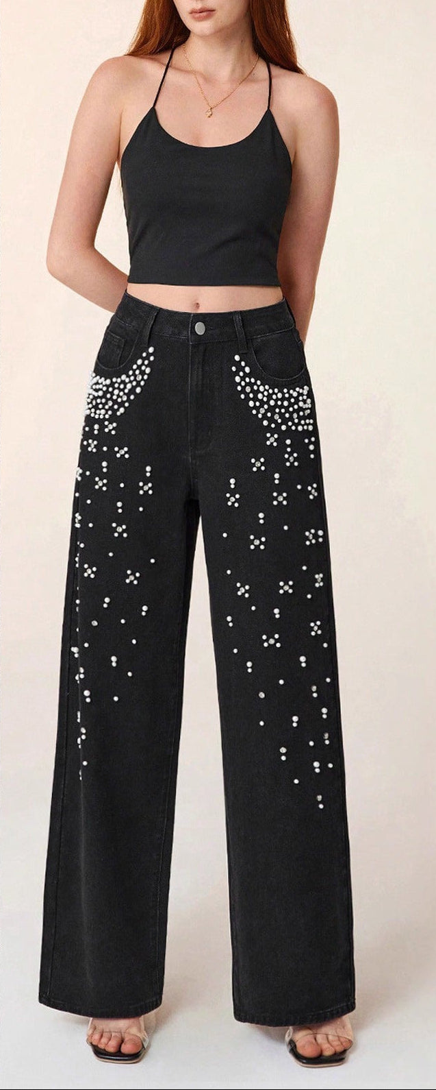 wide-leg black denim pants with pearl embellishment – AURA