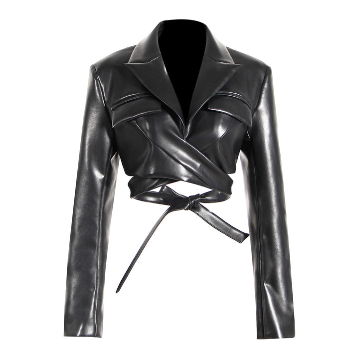 cropped faux leather jacket with wrap belt – RALEN