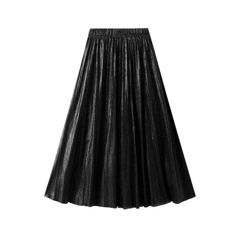 Metallic Pleated Midi Skirt with Elastic Waist – GOLD