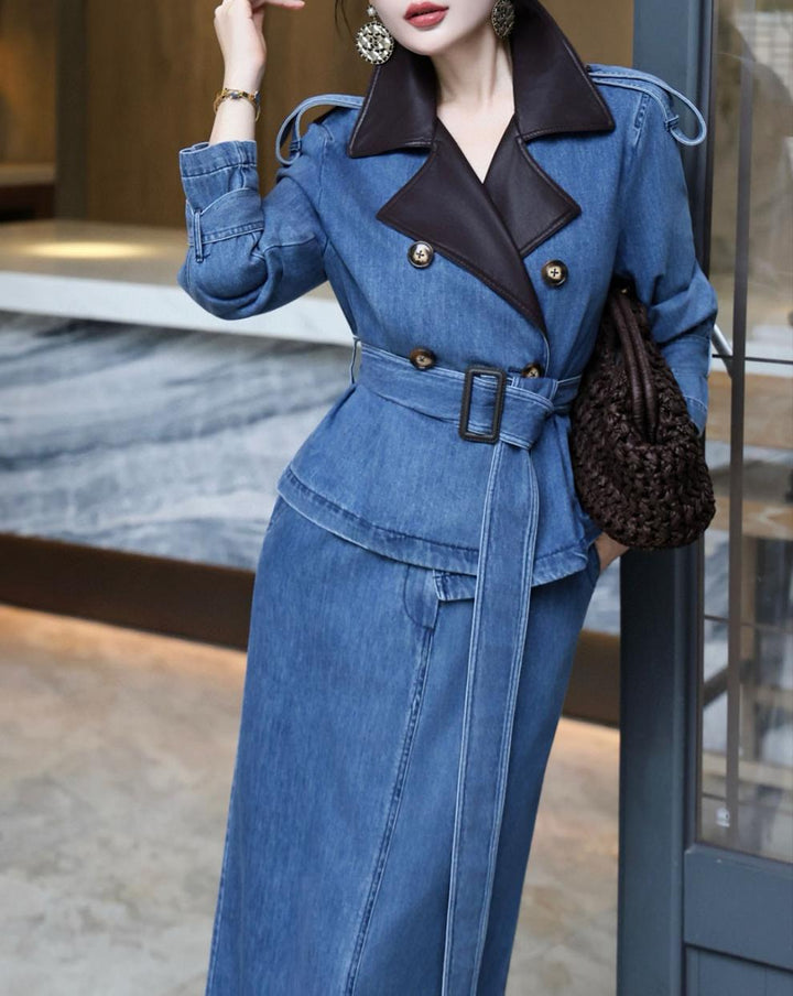 denim trench dress with contrast lapel & waist belt – RIVERA