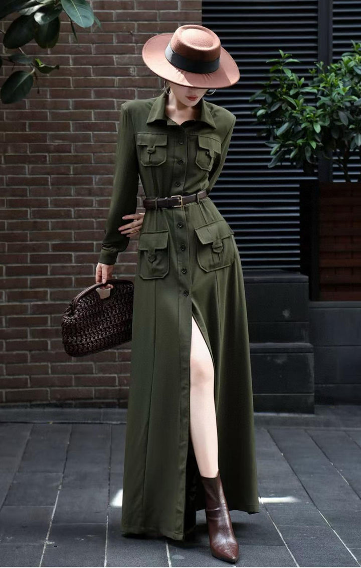 button-down military maxi dress with belted waist – NOIRE