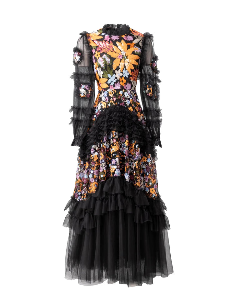 فستان مطرز بالورود مع تنورة من التول متعدد الطبقات – لافينيا