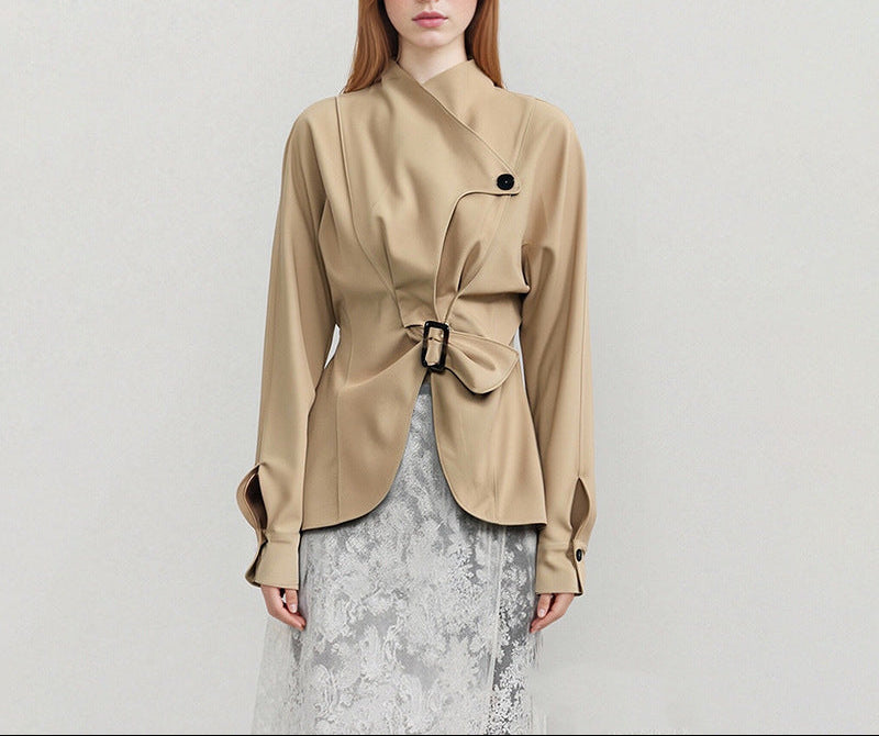 asymmetric belted jacket with sculpted neckline – CAMILA