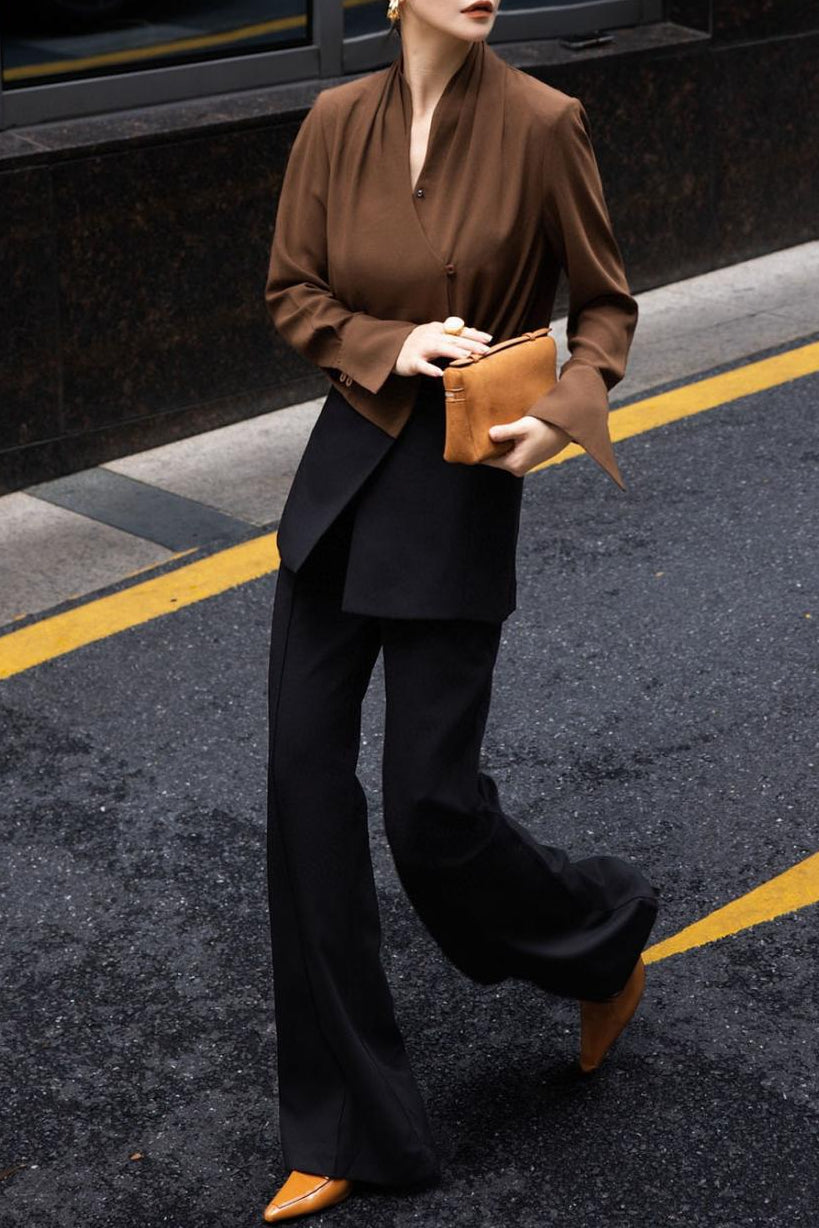 tailored wide-leg pants with layered front skirt panel – ARIA