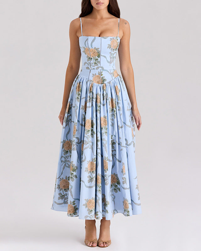 floral print corset midi dress with thin straps – AUROZAKI