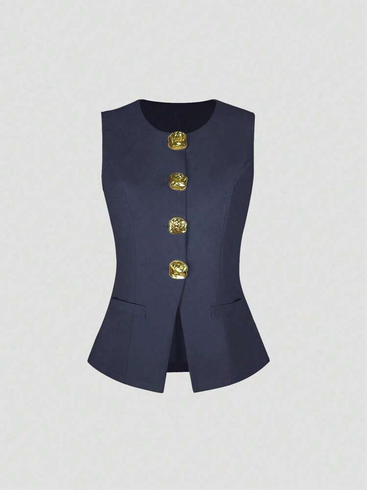 سترة أنيقة بدون أكمام مزينة بأزرار ذهبية منحوتة - فاليري