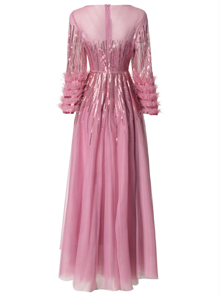 sequin tulle gown with feathered sleeves - CELESVE