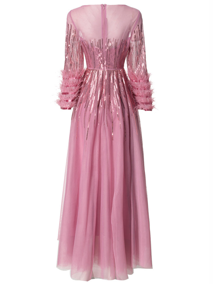 sequin tulle gown with feathered sleeves - CELESVE