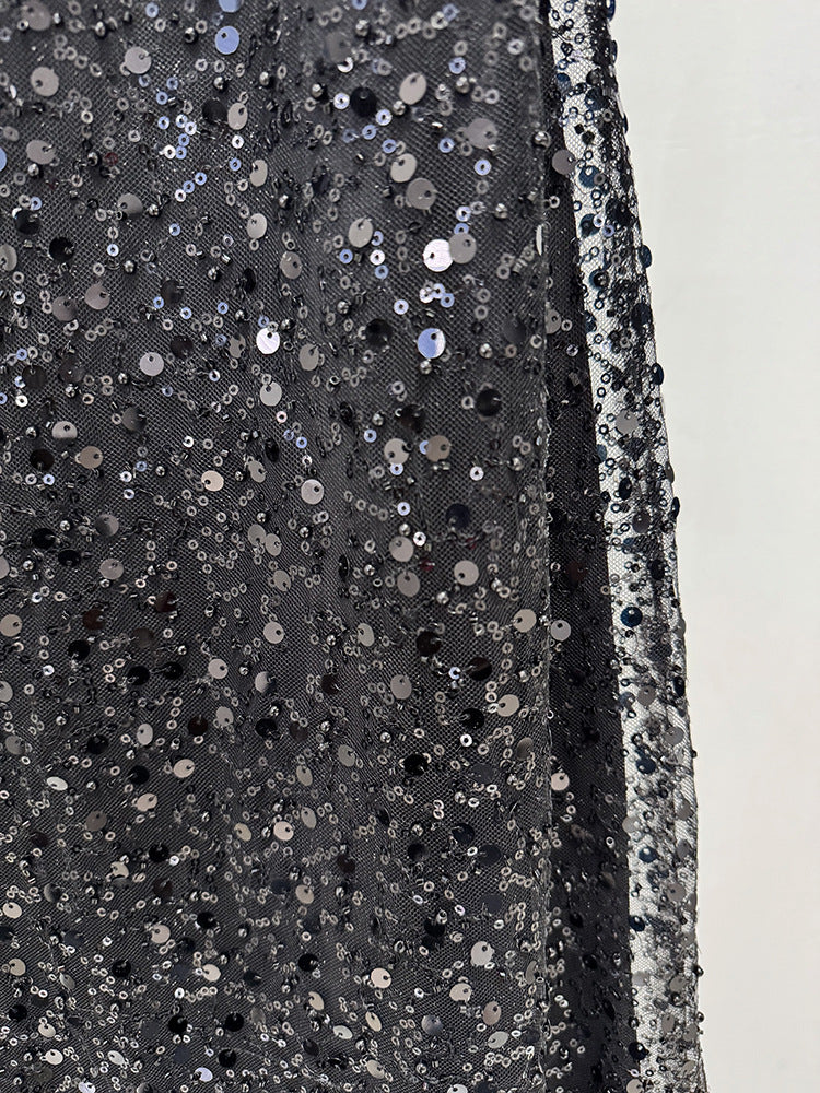 off-shoulder sequin gown with sheer sleeves – MIDNIGHT