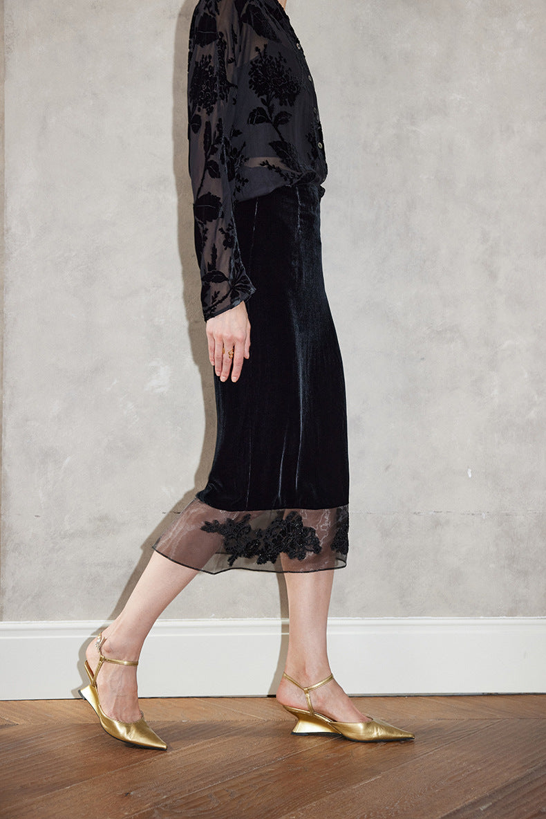 velvet midi skirt with sheer lace hem – HAYTHAM