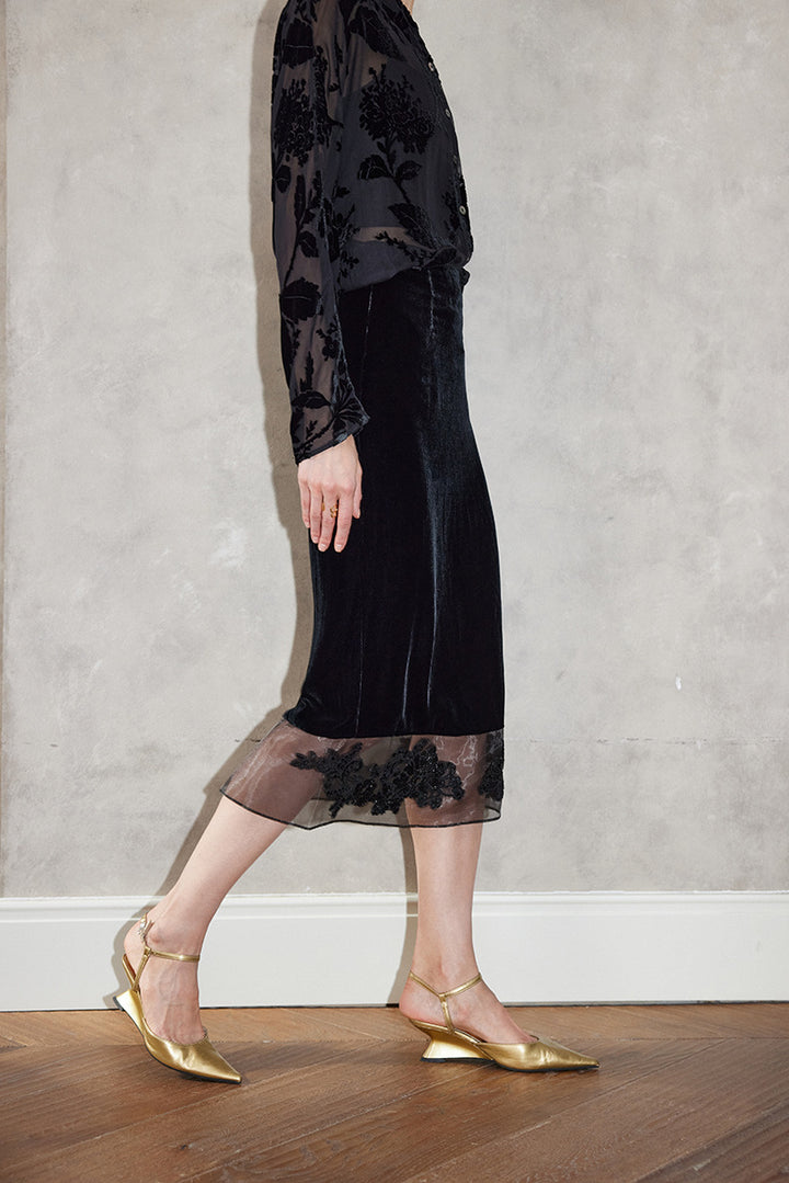 velvet midi skirt with sheer lace hem – HAYTHAM