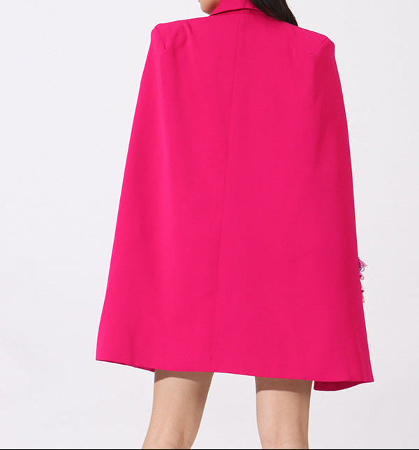 embellished cape mini dress with belted waist – FUCHSIA