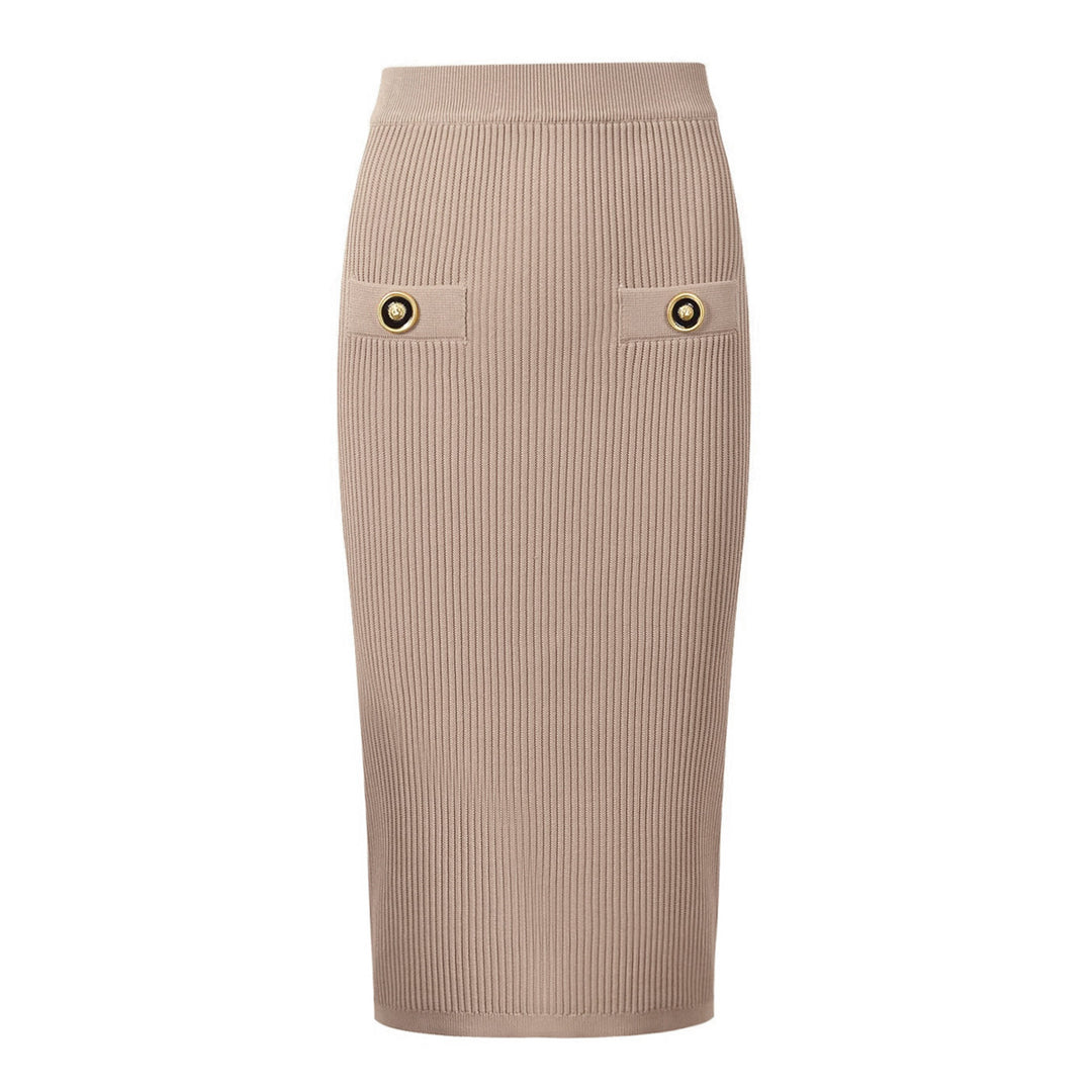 ribbed knit skirt set with gold button detail - AURELIAMI