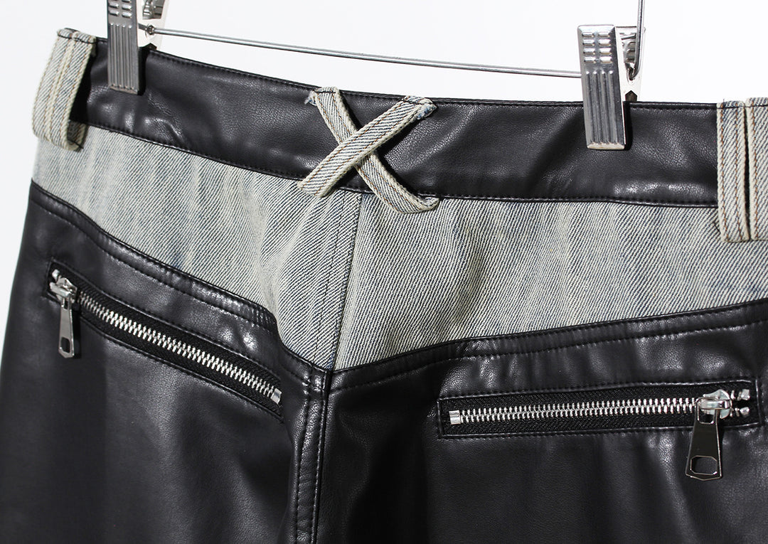 two-tone wide-leg denim pants with faux leather panels – NOIR