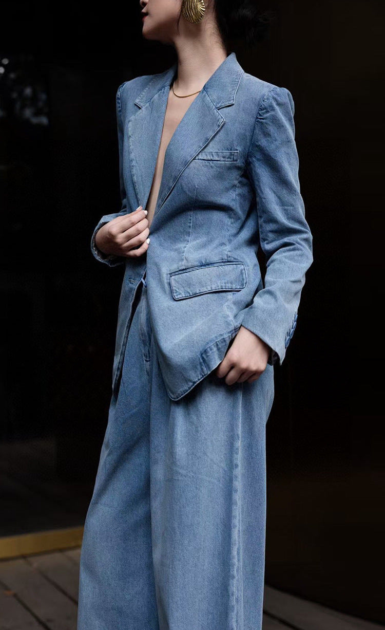 vintage denim blazer with wide-leg trousers – LEXA