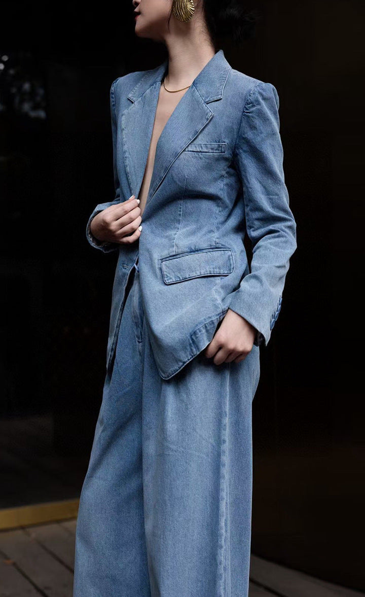 vintage denim blazer with wide-leg trousers – LEXA