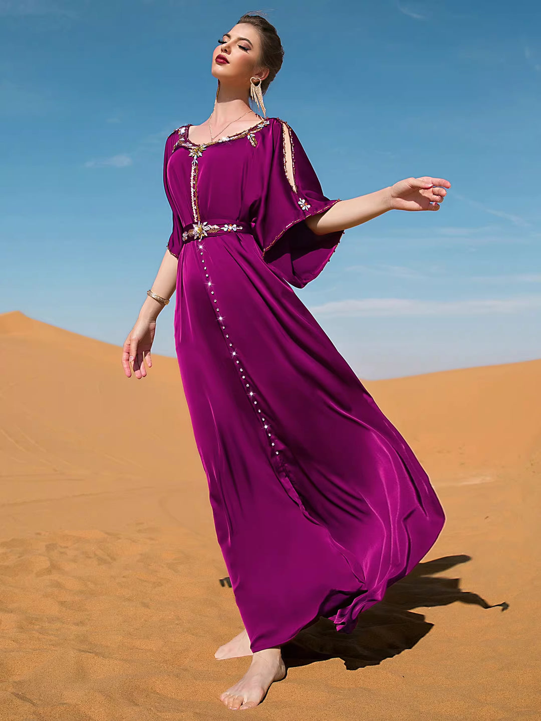 فستان ميدي غير متماثل بأكمام طويلة وياقة عالية - لون الزمرد