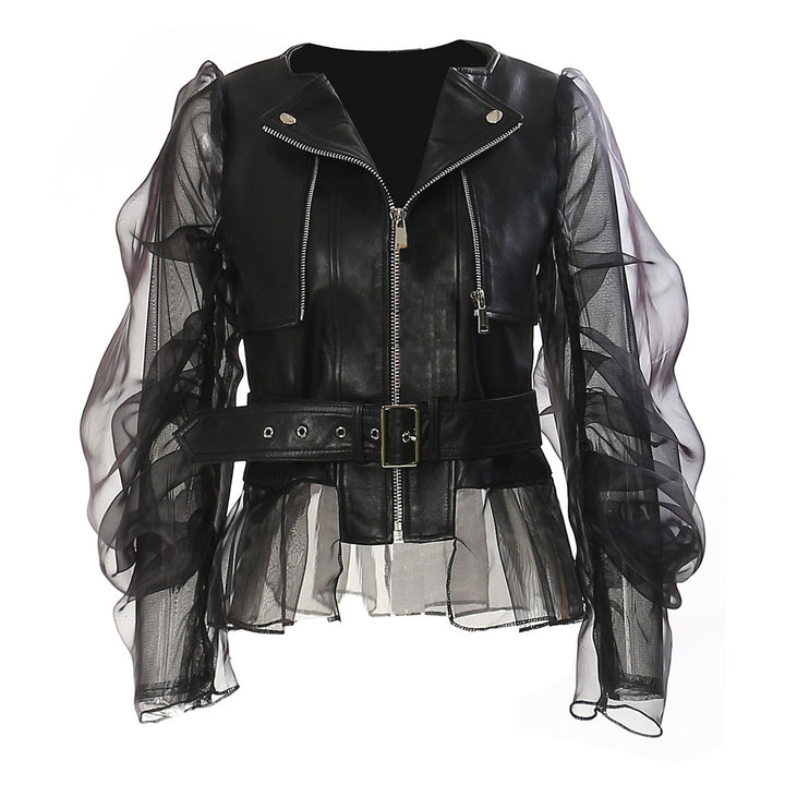 belted leather jacket with organza puff sleeves – KOLIR