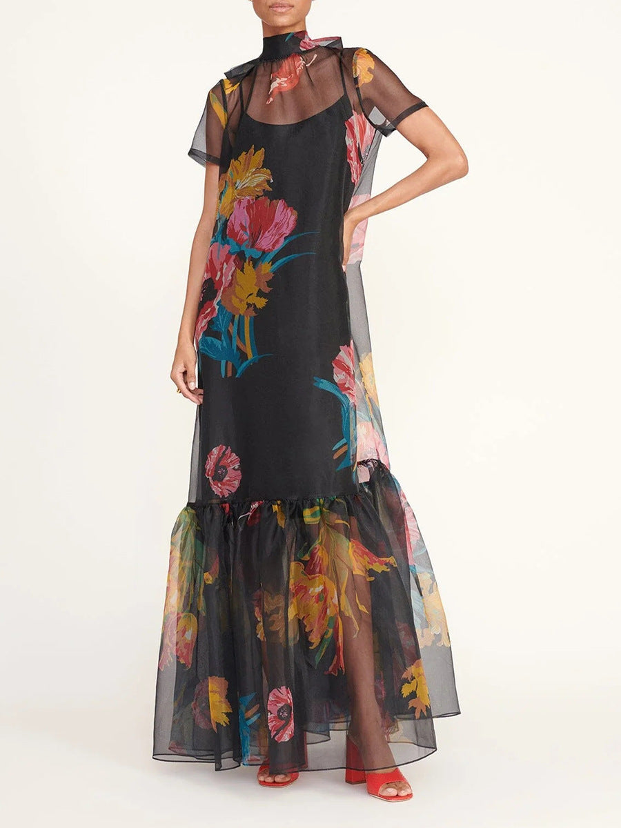 sheer floral maxi dress with ruffled hem – VIVIENIL