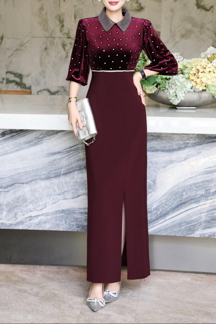 black velvet maxi dress with embellished collar–polka