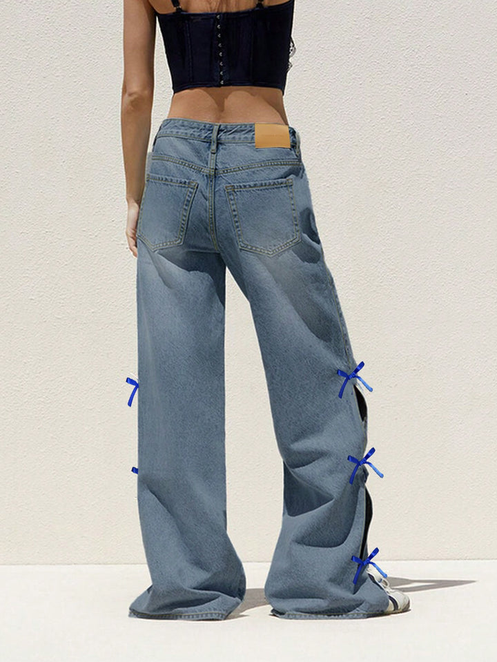 wide-leg denim pants with bow accents – AZURANDI
