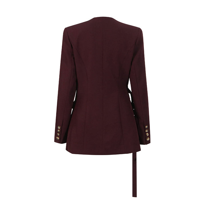 asymmetric wrap blazer dress with structured tailoring – MAROON
