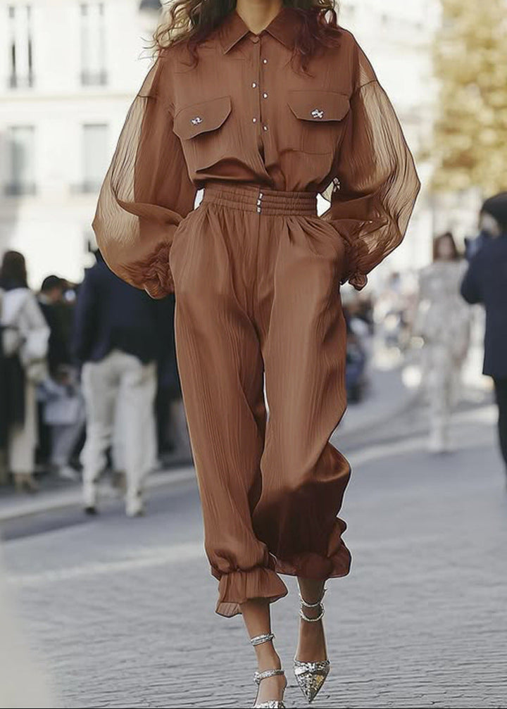 Geplooide top met uitlopende mouwen en maxi-rok set met tailleband – Rosiny 