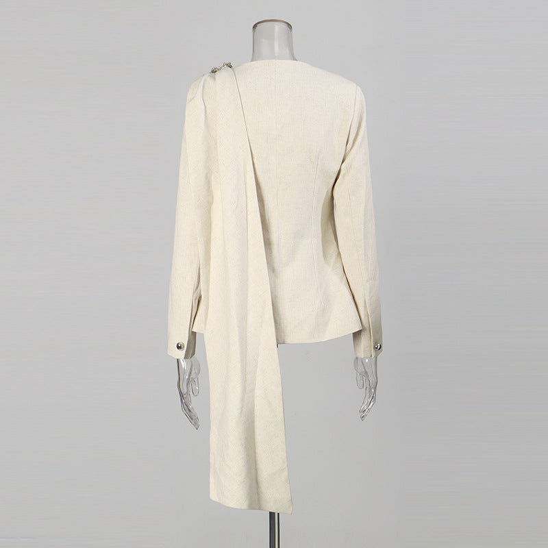 asymmetric draped blazer with crystal shoulder detail – IVORYA