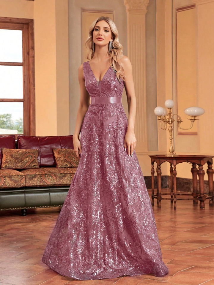 sleeveless V-neck sequin gown with satin waistband – CELESTE