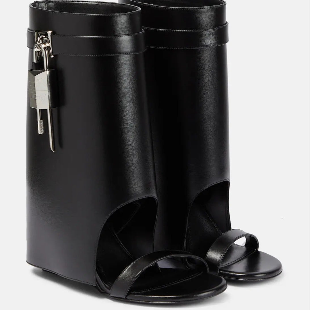 open-toe leather wedge boots with padlock detail – LUXE VAULT