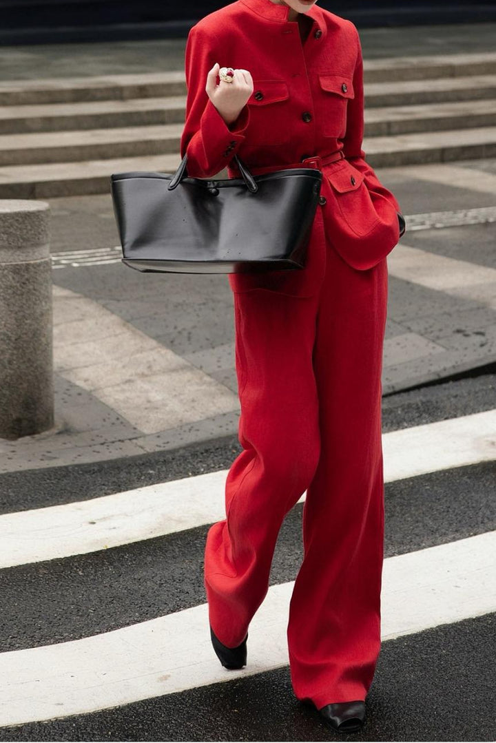 belted mandarin-collar blazer with wide-leg pants – ROSETTA