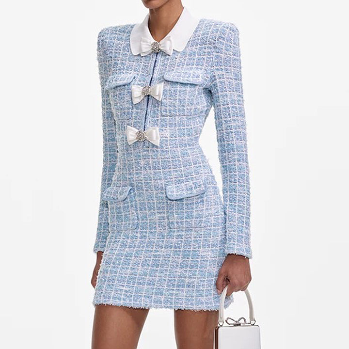 long-sleeve tweed mini dress with bow detailing – COLETTEXU