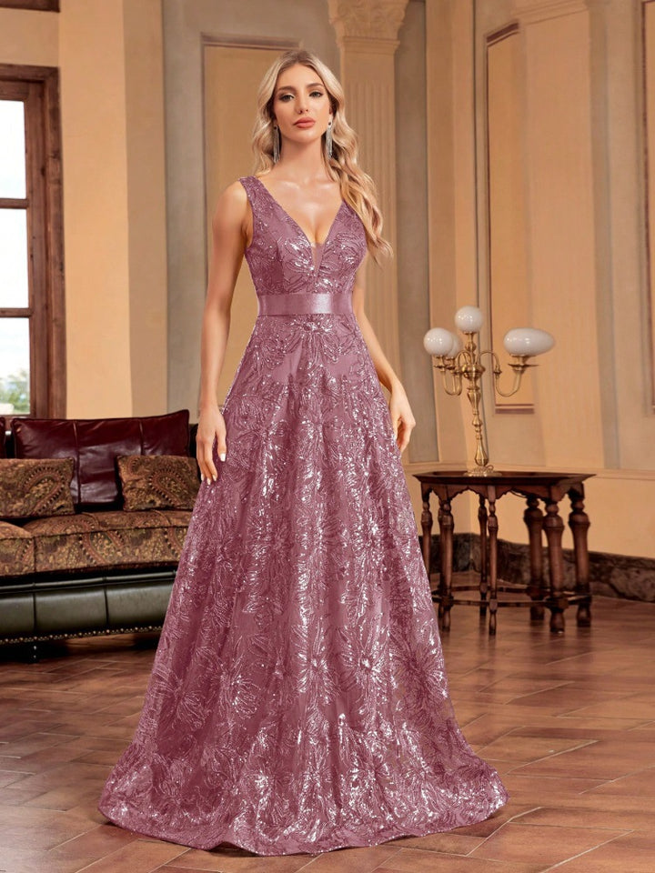 sleeveless V-neck sequin gown with satin waistband – CELESTE