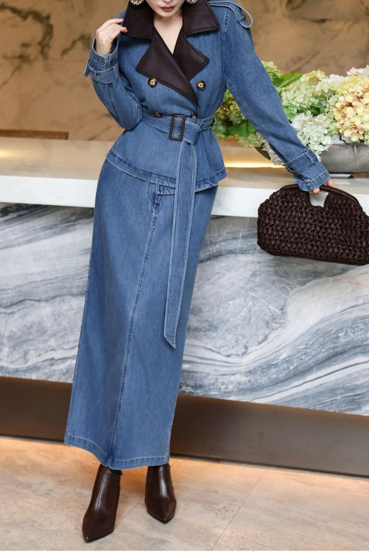 denim trench dress with contrast lapel & waist belt – RIVERA