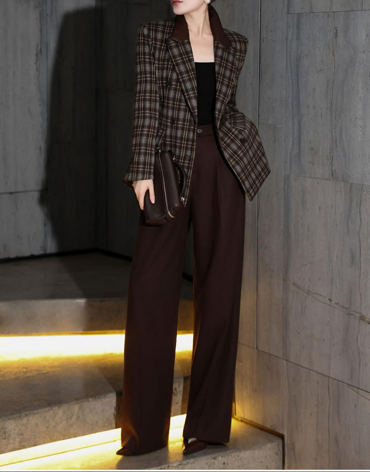 plaid tailored blazer with leather belt & wide-leg trousers – MARCELLA