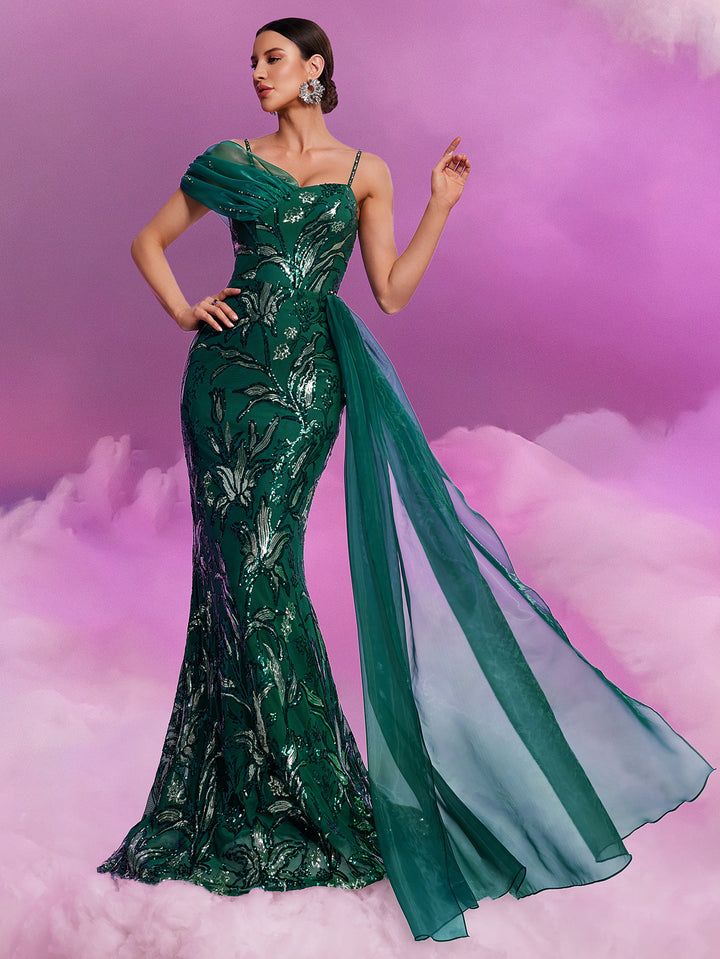 فستان حورية البحر مطرز بكتف واحد مع ثنيات من الشيفون - حلم