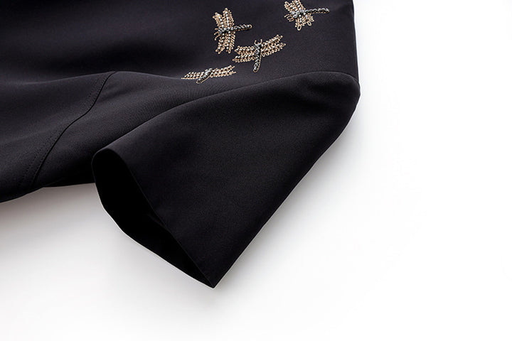 Short-sleeve midi dress with crystal dragonfly embellishments – STARLIT