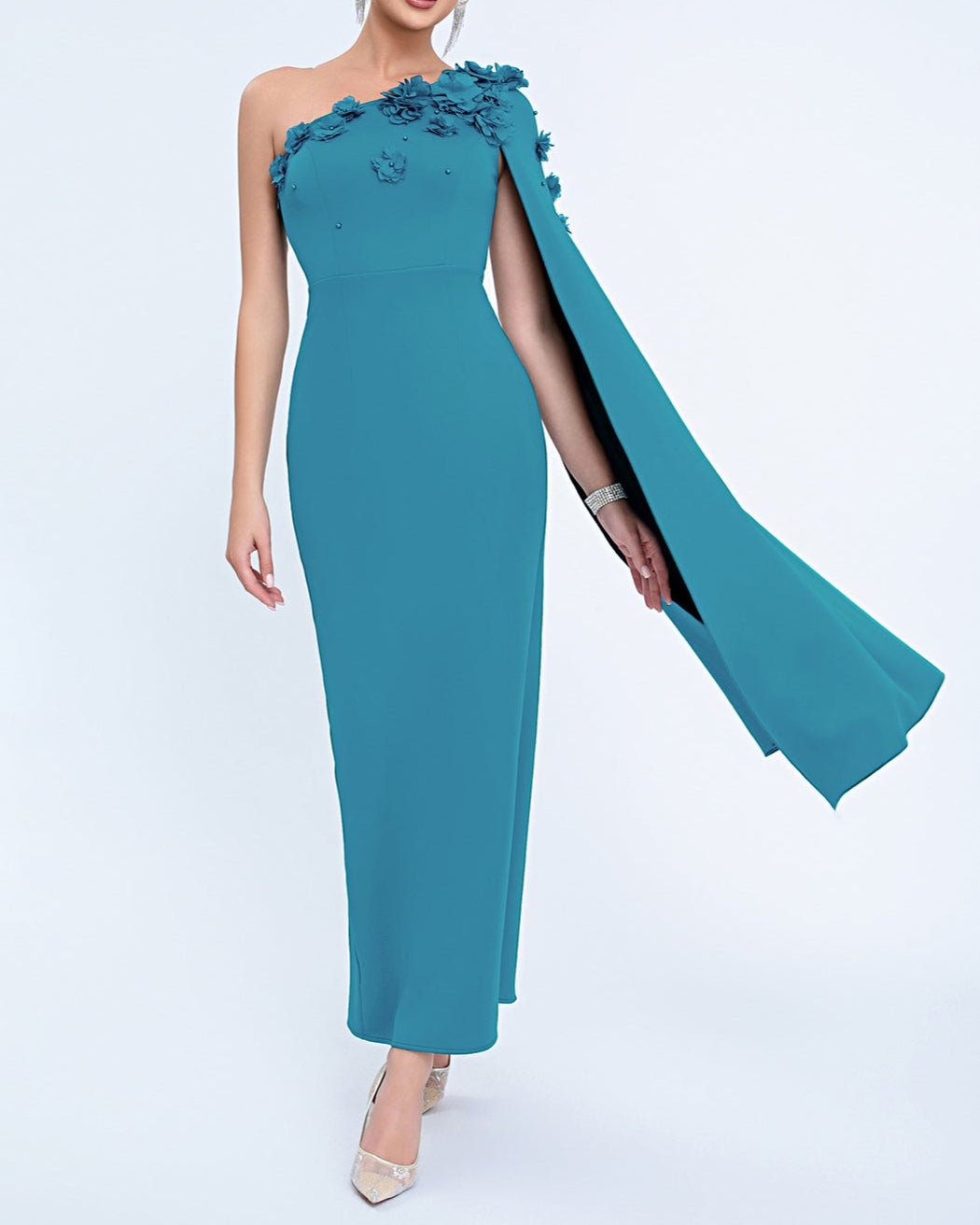 one-shoulder column dress with floral appliqué cape – AURELIATU