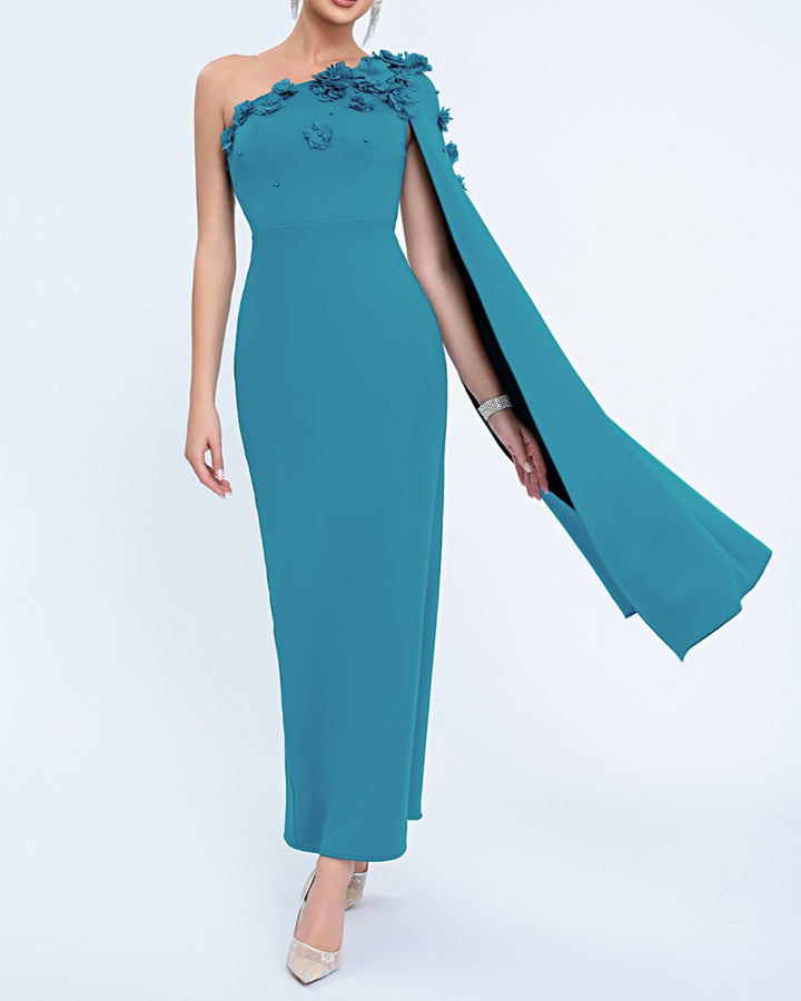 one-shoulder column dress with floral appliqué cape – AURELIATU