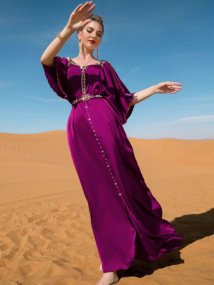 فستان ميدي غير متماثل بأكمام طويلة وياقة عالية - لون الزمرد