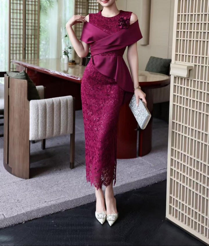 sequined lace dress with sculpted wrap bodice – RENÉ