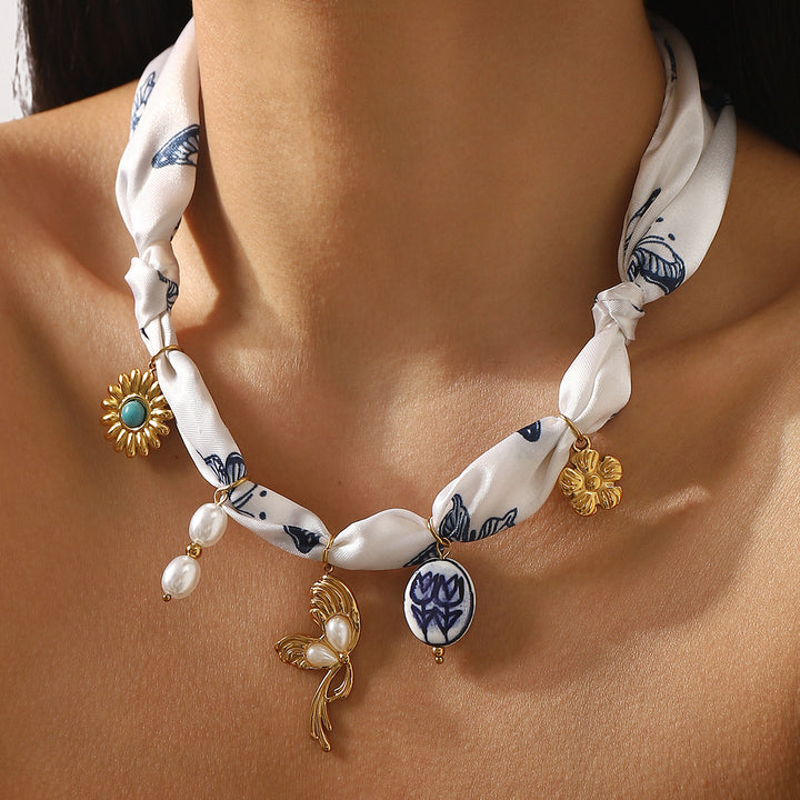 silk scarf necklace with charm pendants – SELENEVRI