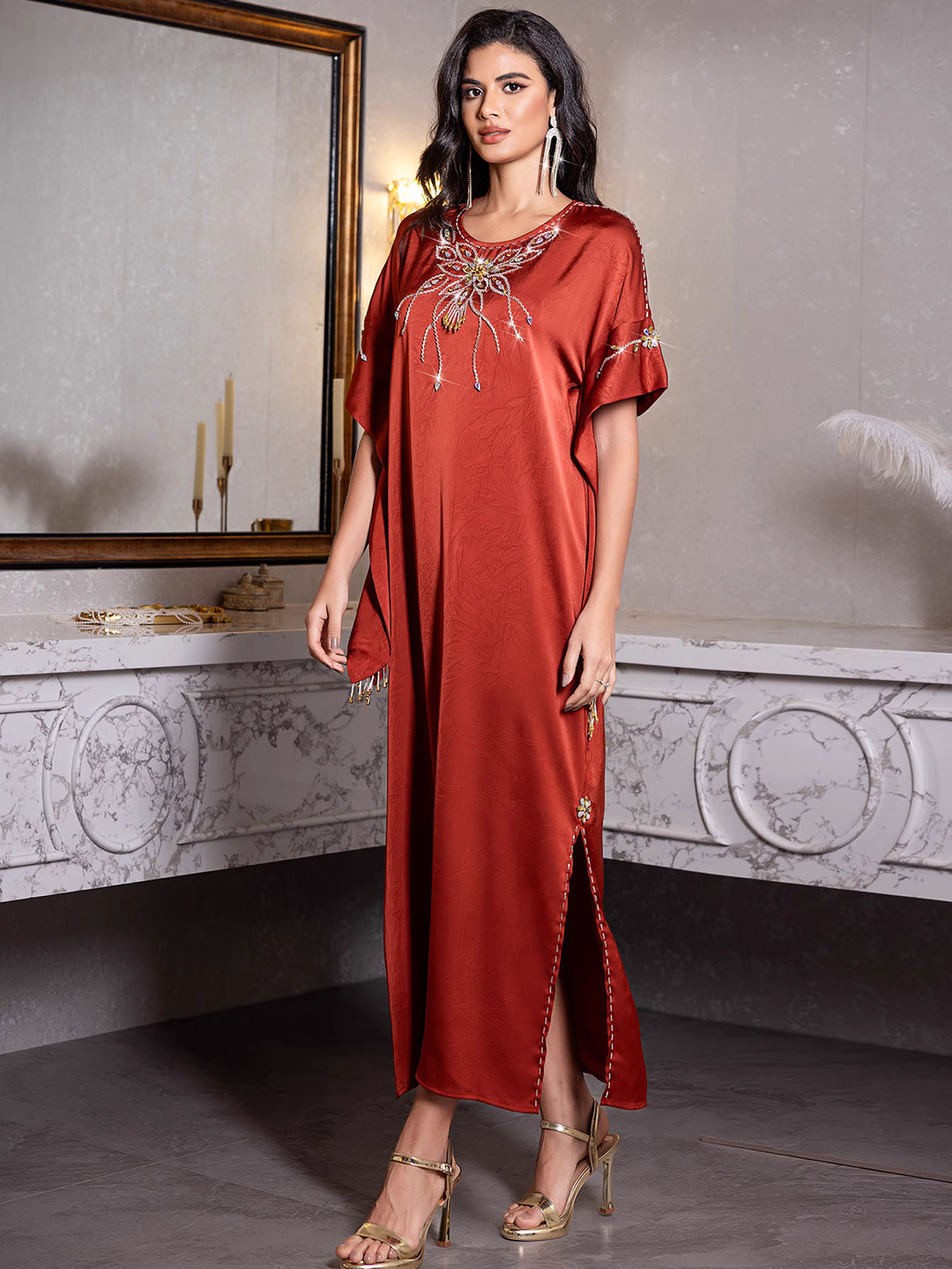 short-sleeve satin dress with embellished neckline - ZARAZLU