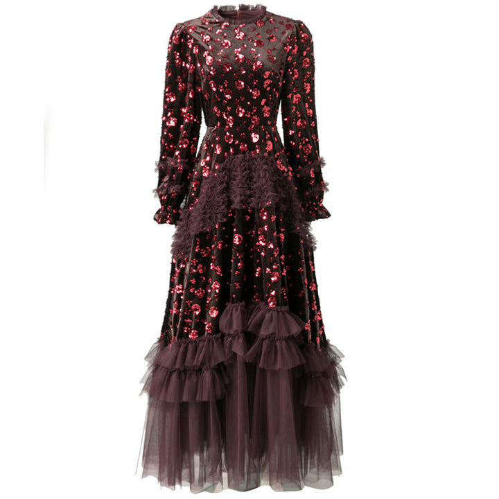 فستان مخملي مزين بالترتر مع حاشية من التول متعدد الطبقات – مارسيلينا