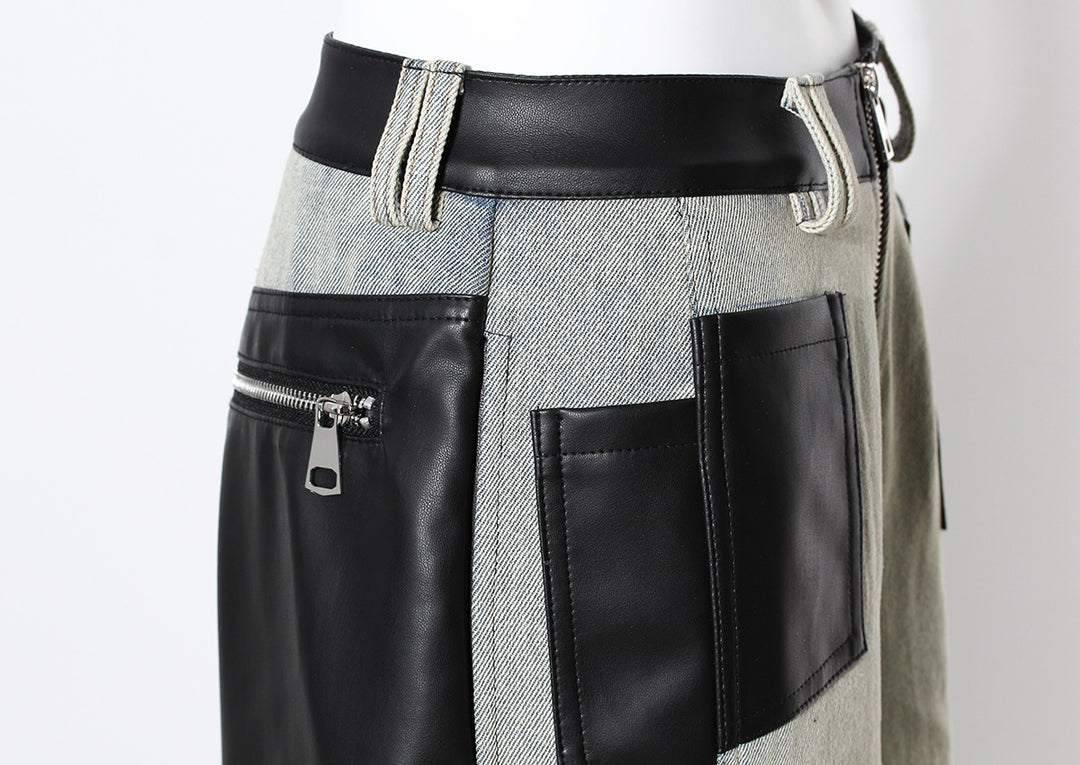 two-tone wide-leg denim pants with faux leather panels – NOIR
