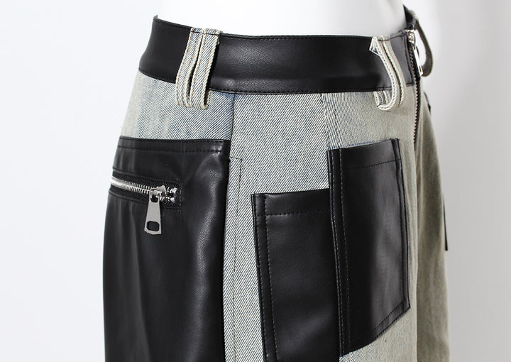 two-tone wide-leg denim pants with faux leather panels – NOIR
